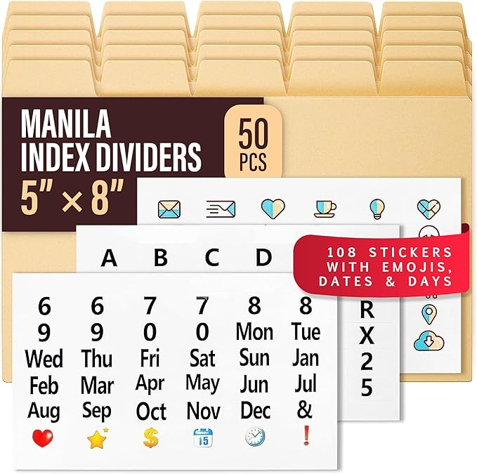Index Card Dividers 5x8" — 50 Pcs of Cardboard Alphabet Dividers with 108 Stickers & Tabs for Index Card Organizer Holder, Storage File Box, Notecard Organizers — Recipe, Monthly, Alphabetical Cards