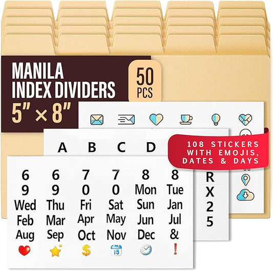 Index Card Dividers 5x8" — 50 Pcs of Cardboard Alphabet Dividers with 108 Stickers & Tabs for Index Card Organizer Holder, Storage File Box, Notecard Organizers — Recipe, Monthly, Alphabetical Cards