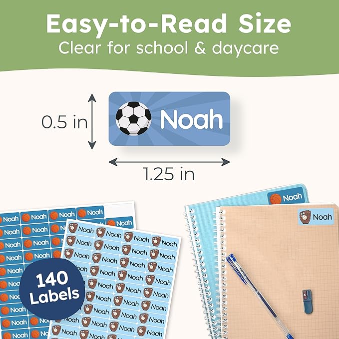 Personalized Name Labels for Kids (140 Labels) - Durable & Waterproof Custom Name Stickers for Clothing Tags, School Supplies, Camp & Daycare - League (1.2”x0.5”)