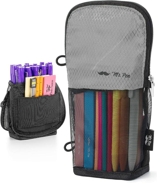 Mr. Pen- Standing Pencil Case Pouch, Sit & Lay Mesh-View Design, Black & Gray, Interior Pocket & 2 Elastic Binder Loops, Cute Pencil Case for Girls and Boys