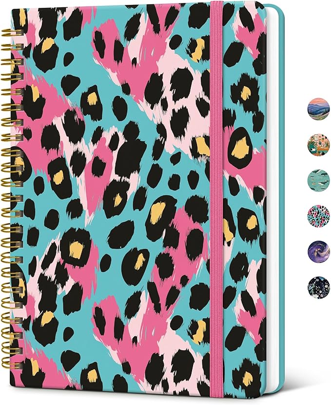 Taja Spiral Lined Journal for Women, Notebook for Work with Pretty Cover, 140 College Ruled Pages, Hardcover Notebook for Journaling, Note Taking, Bible Study, Neon Leopard