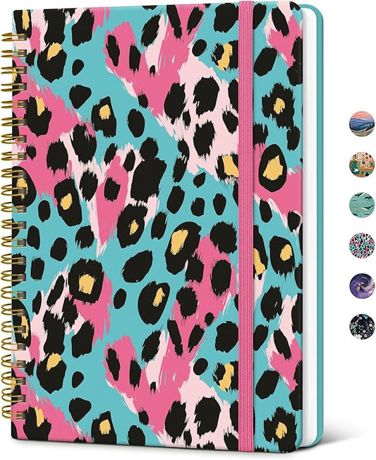 Taja Spiral Lined Journal for Women, Notebook for Work with Pretty Cover, 140 College Ruled Pages, Hardcover Notebook for Journaling, Note Taking, Bible Study, Neon Leopard