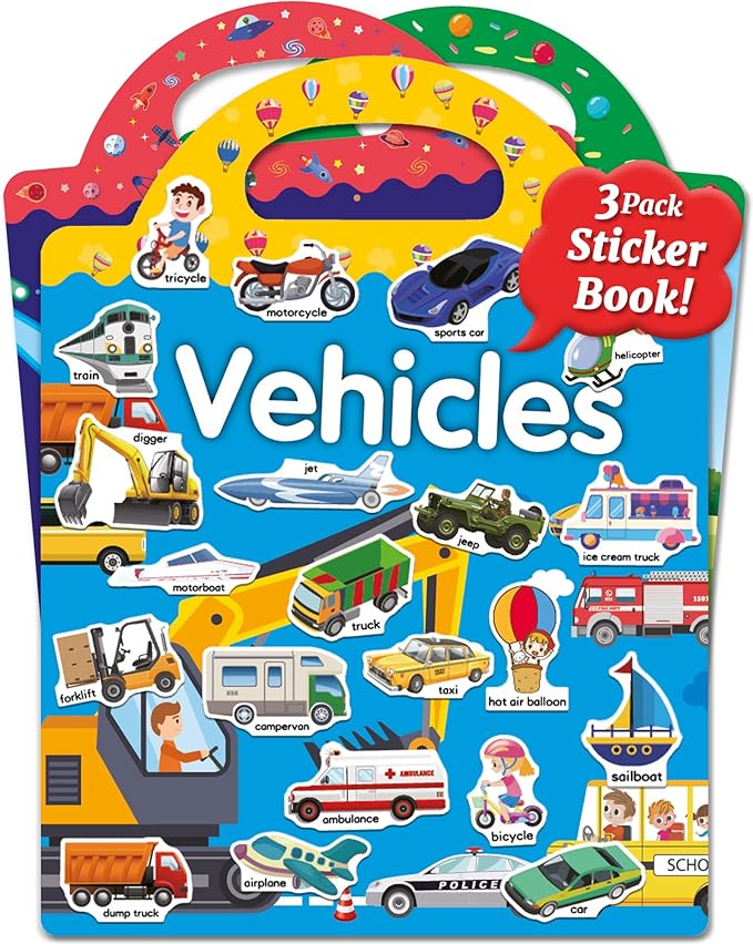 Benresive Reusable Sticker Book for Toddlers, Stickers for Kids, Travel Toys for Arts & Crafts Activities, Birthday Gift for Boys & Girls, Farm, Space and Vehicle Themes