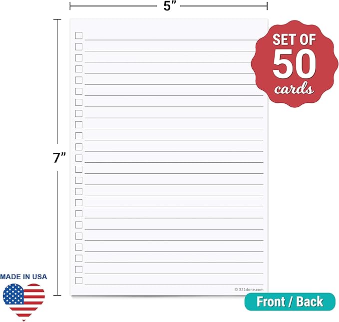 321Done To-Do Check List Cards, 5x7 Index Cards with Checkboxes, Double-Sided Checklist Note Card, Pack of 50, Daily Task List, Extra Large College-Ruled, Made in USA