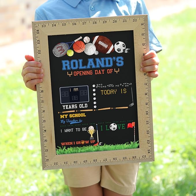 First Day of School Sign (11.5"x15"), Reusable Chalkboard, Easy to Clean with Real Wooden Ruler Frame, Perfect for Back to School, First Day of Kindergarten (Sports)