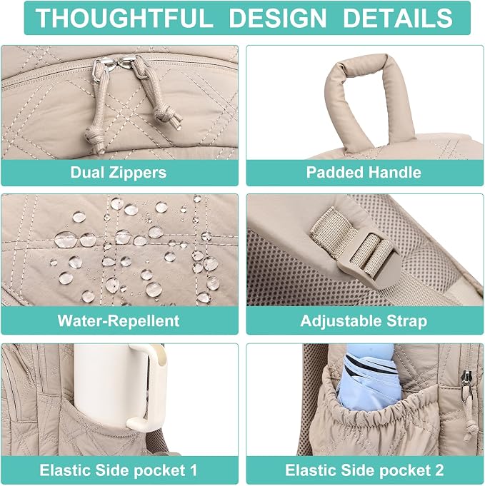 Travel Laptop Backpack for Women - 15.6 Inch College Backpacks Quilted Computer Bookbag Lightweight Casual Daypack Water-Resistant Backpacks for Students Teacher Work Camel