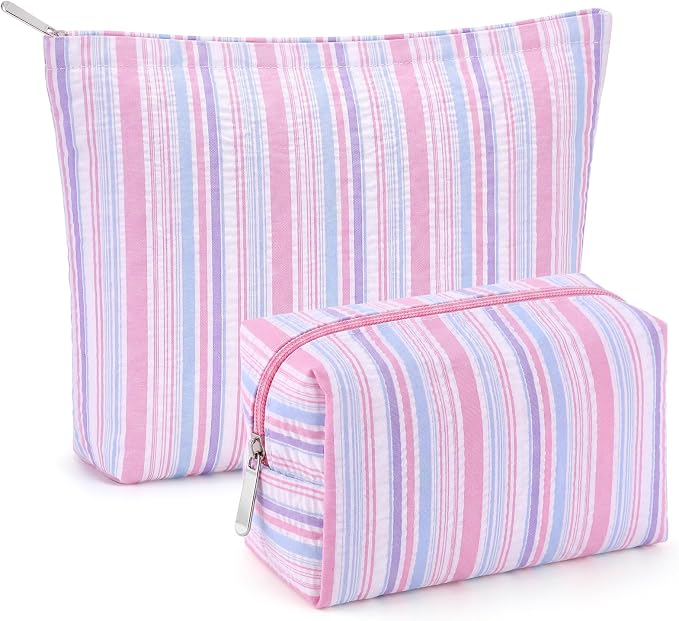 Huhumy 2 Pcs Striped Makeup Bag, Travel Toiletry Bag for Women, Aesthetic Cute Colorful Cosmetic Pouch, Seersucker Storage Organizer for Accessories, Essentials, Toiletries (Pink Purple Blue)