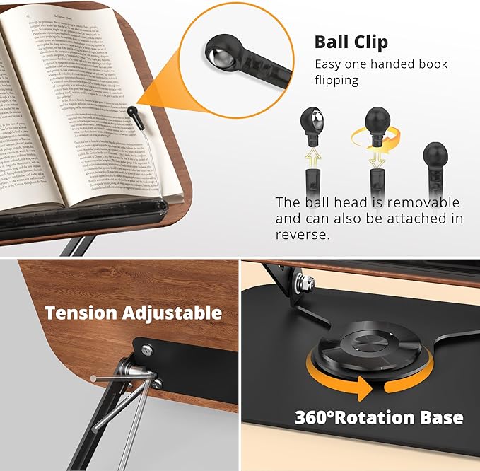 SupeDesk Book Stand for Reading, Adjustable Book Holder with 360° Rotating Bases, Foldable Designs, and Elastic Clips, Multifunctional Display Stand for Recipe, Cookbooks, Magazines, Tablets, Laptops