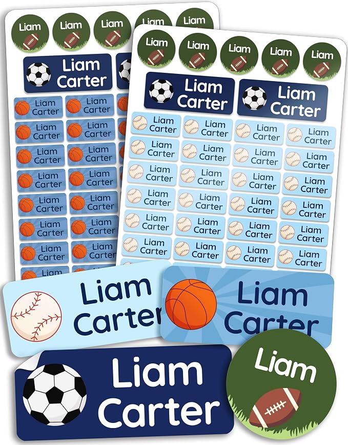 Personalized Daycare Name Labels for Kids [70pcs, League] - Waterproof Name Stickers for School, Baby Bottles & Clothing - Custom Name Stickers - Washable Stick On Labels (Various Sizes)