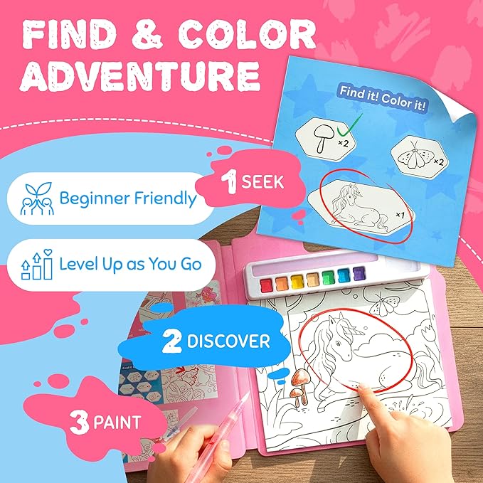 JoyCat Find & Color Paint with Water Coloring Books for Toddlers, Educational Seek and Find, No Mess Art & Craft Toy, Fun Learning Activity for Kids Ages 3-5 4-8, Gift for Girls Boys (Magical Pony)