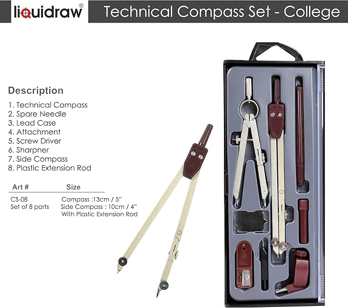 Liquidraw Technical Drawing Professional Set - 8 Piece | Includes Metal Compass With Spring Bow Head Dividers | Ideal Maths Drafting, Geometry Tools for School, Engineering, Architecture & Woodworking