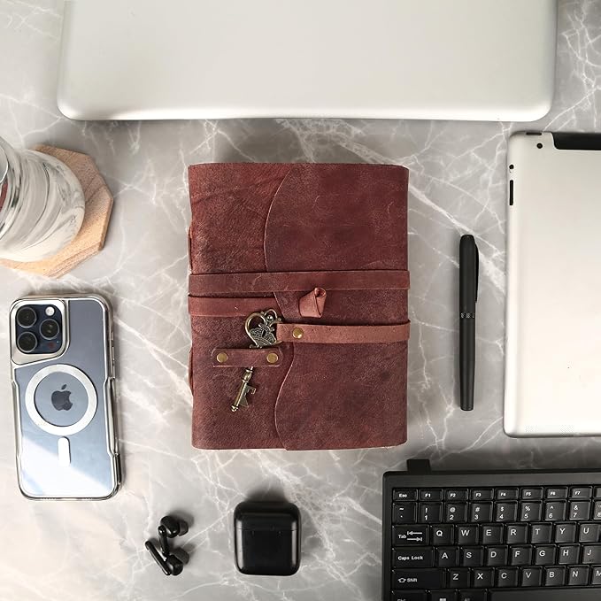 Leather Journal with Deckle Edge Paper 8x6 inch and Vintage Key | Handmade Writing Notebook Diary | Bound Daily Notepad for Men & Women Medium, Sketch/Writing pad for Artists