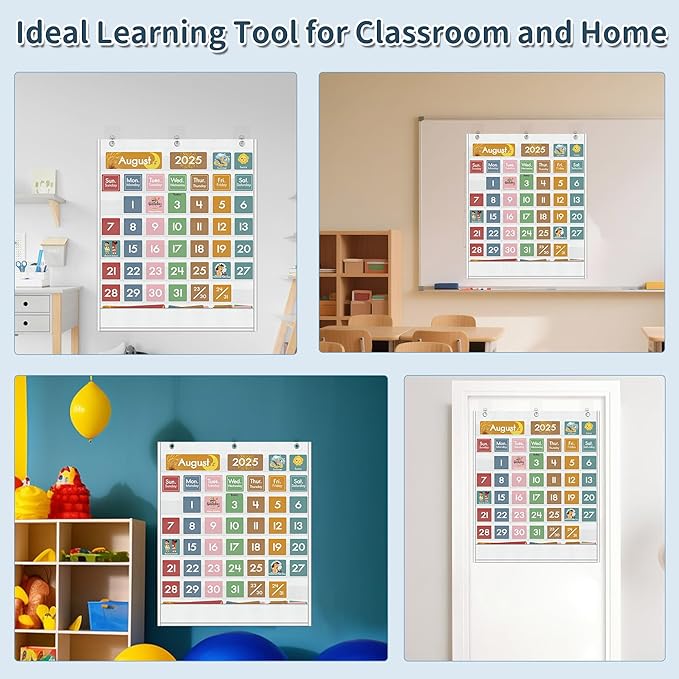 Yoink 49 Pockets Classroom Calendar Pocket Chart with 77 Cards, Daily Monthly Learning Calendar for Circle Time Weather Seasons, Preschool Kindergarten Homeschool Must Have, Teacher Supplies (White)