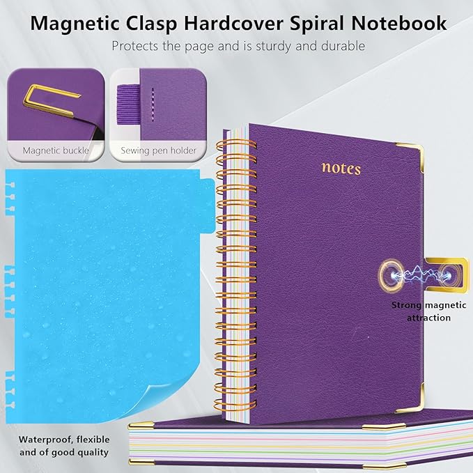 Hardcover Spiral Notebook College Ruled, 6.2"x 8.2" Leather Journal Notebook with Magnetic Closure, 300 Pages 5 Subject Notebook with Dividers Tabs Journal for Women Men, Work, School(Purple)