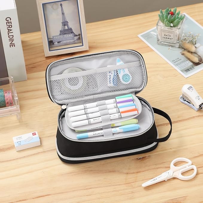Dugio Large Pencil Bag for Boys School Organizer Pencil Pouch Big Black | Teens Kids Pencil Case with Zipper Aesthetic Pencil Box for School Supplies, Wear-resistant Fabric, Thick Multi-layer Fabric
