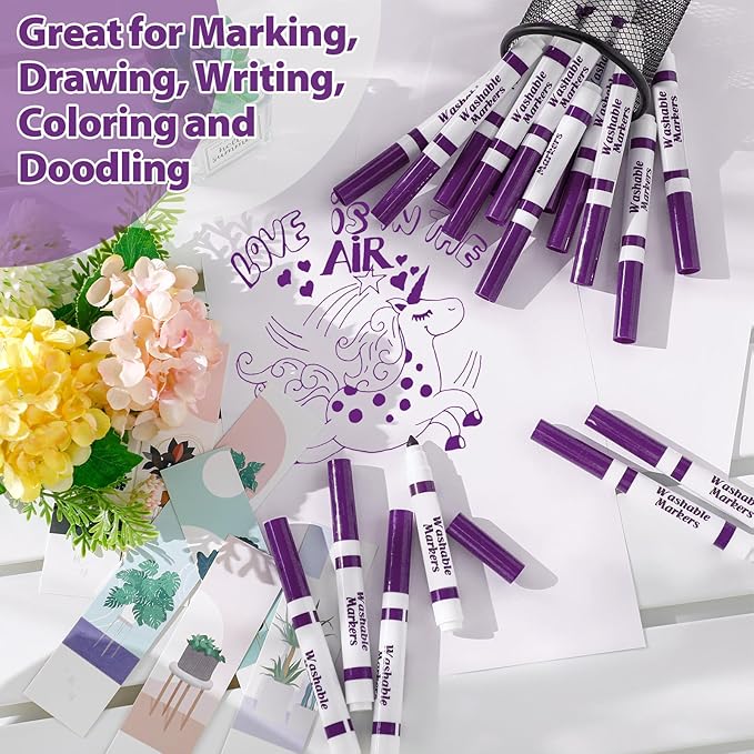 36 Pcs Purple Washable Markers Bulk Coloring Broad Line Markers for Kids Conical Tip Drawing Pen for Christmas, School Supplies, Travel Art Baby Shower Gender Reveal Party Supplies, Ages 6+