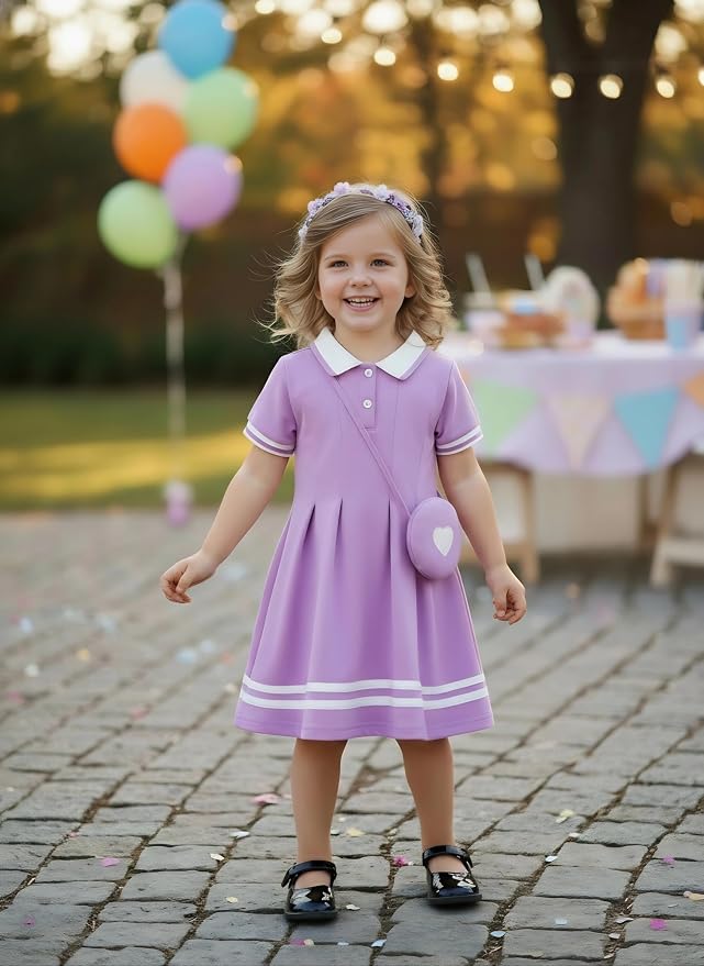 Renotemy Infant Baby Girl Dress Toddler Girls Summer Clothes School Outfits Cotton Short Sleeve Polo Dresses with Bag 12M-5T