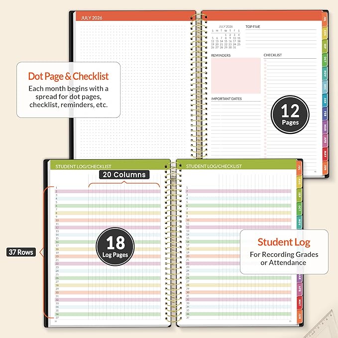 SUNEE Deluxe Teacher Planner 2026-2027, Lesson Planner Book with 7 Periods Jul 2026 - Jun 2027, 8.5" x 11" Daily Weekly and Monthly Organizers with Colorful Tabs, Planning Stickers,120gms Paper, Black