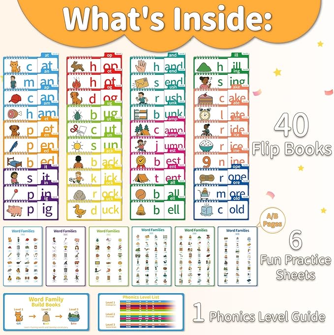 Phonics Flash Cards & Word Family Build Book, 40 Read & Rhyme Flip Books, Learn to Read for Kids Ages 3-8, Engaging Educational Tools for Preschool-Kindergarten, Fun Sight Word Games & Phonics Games