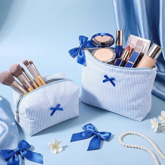 Huhumy 2 Pcs Bow Tie Makeup Bag Set, Stripe Cosmetic Pouch for Women, Seersucker Travel Toiletry Bag, Preppy Makeup Purse Pouch, Aesthetic Skincare Brushes Storage Organizer for Women Gifts(Blue)