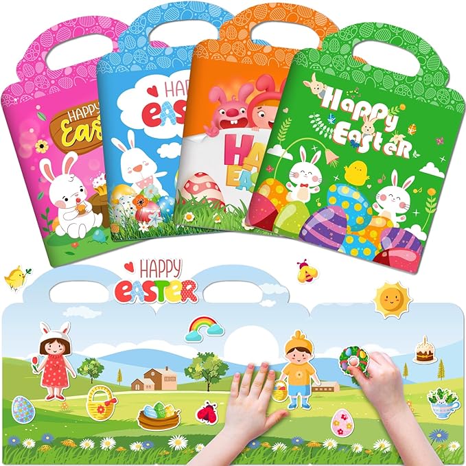 4 Sets Easter Reusable Sticker Books for Kids 2-4, Activities Books for Toddlers 1-3, Arts and Crafts Removable Jelly Stickers for Girls Boys, Travel Toys Holiday Gifts Easter Basket Stuffers