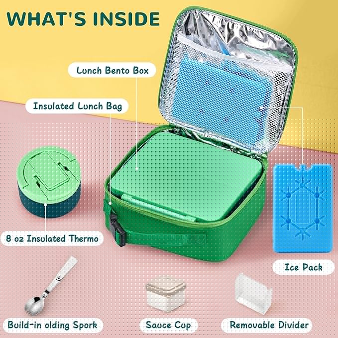MAXSO Bento Lunch Box Set with 8 oz Soup Thermo, Kids Leakproof 4 Compartments Hot Food Container with Sauce Cup, Ice Pack and Lunch Bag, Child Insulated Food Jar for School - Green