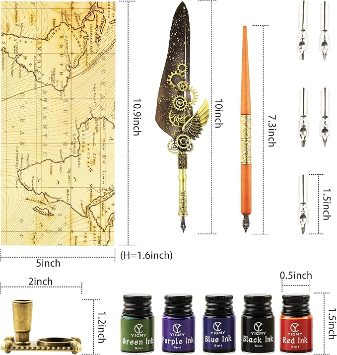 Feather Pen and Ink Set Calligraphy Kit for Beginners with Quill Pen, Antique Vintage Stationary Set for Writing, Signing & Hand Lettering Art (Grey Feather)