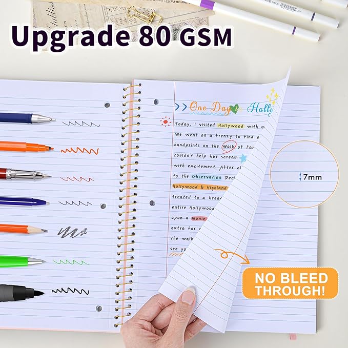 Spiral Notebook College Ruled Paper 8" x 10-1/2", 1 Subject Spiral Notebook 80GSM Paper, 3-Hole Punched Perforated Pages Ideal for School, Office, Writing, 75 Sheets Lined Journaling Notebook, Pink