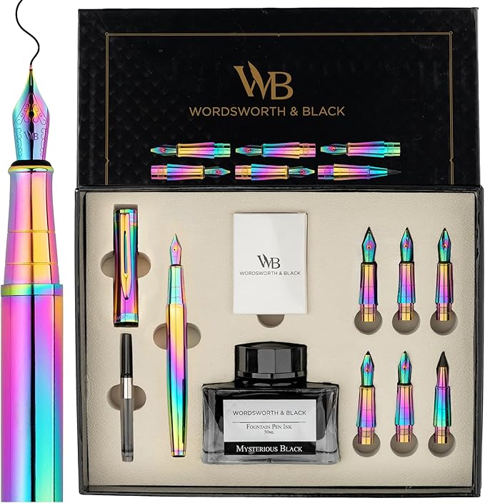 Wordsworth & Black Calligraphy Pen Gift Set, Includes Ink Bottle, 6 Ink Cartridges, A Refill Converter, 6 Replacement Nibs, Journaling, Smooth Writing Pens [Rainbow]