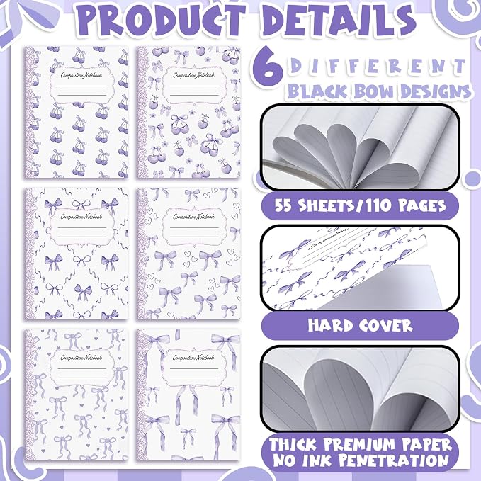 Fullhawl 6 Pack Composition Notebook College Ruled Bulk Light Purple Bow Composition Notebook Preppy Lavender Aesthetic for Back to School Supplies 110 Pages 9-3/4 x 7-1/2" for First Day of School