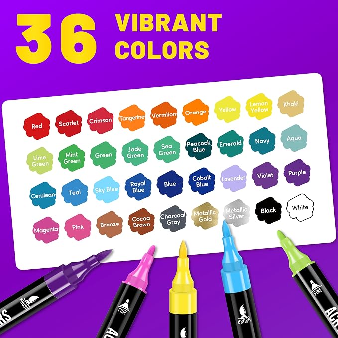 Pagather Acrylic Paint Markers, 36 Colors Dual Tip Fine & Brush Pens Set