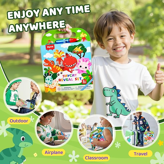 JoyCat Dinosaur Water Coloring Book for Toddlers 3-5, Reusable No-Mess Water Painting Book with Water Pen, 13 Activity Pages, Travel Toy Gift for Boys & Girls