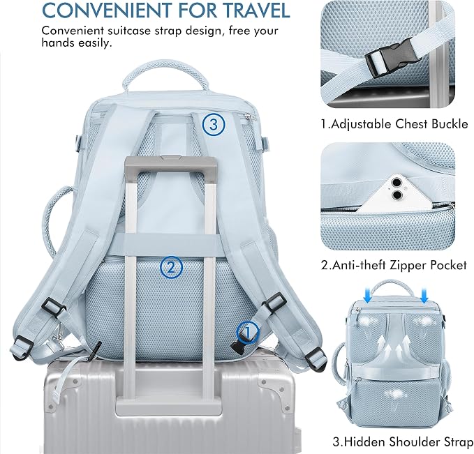 Beraliy Travel Backpack for Men Women,TSA Carry On Backpack Flight Approved | 16 Inch Laptop Waterproof Hiking Backpack, Casual Outdoor Daypack Bag for College Weenkender Business, Light Blue