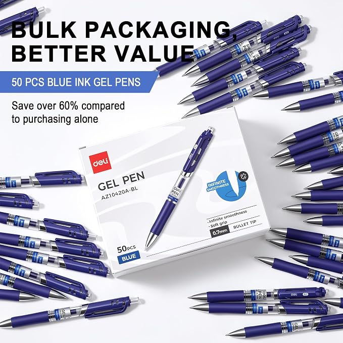 deli Gel Pens, 50 Pcs 0.7mm Retractable Pens Blue Ink | Medium Point Pen , Smooth Writing, Fast Dry, No Bleed for Journaling Note Taking, Home School Office Supplies