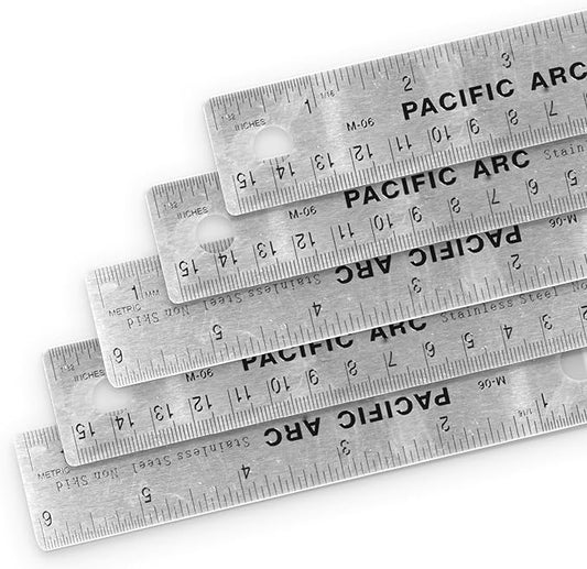 5 Pack | Pacific Arc Stainless Steel 6 Inch Metal Ruler Non-Slip Cork Back, with Inch and Metric Graduations