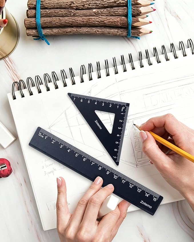 Geometry Ruler Set for Students, Metric Measurement 4-Piece Metal Math Drafting Kit with Non-Slip Design 15 cm Straightedge Ruler, 180° Protractor & 2 Triangles for School Kids (Black)