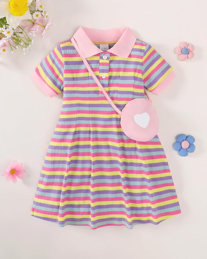 Renotemy Infant Baby Girl Dress Toddler Girls Summer Clothes School Outfits Cotton Short Sleeve Polo Dresses with Bag 12M-5T