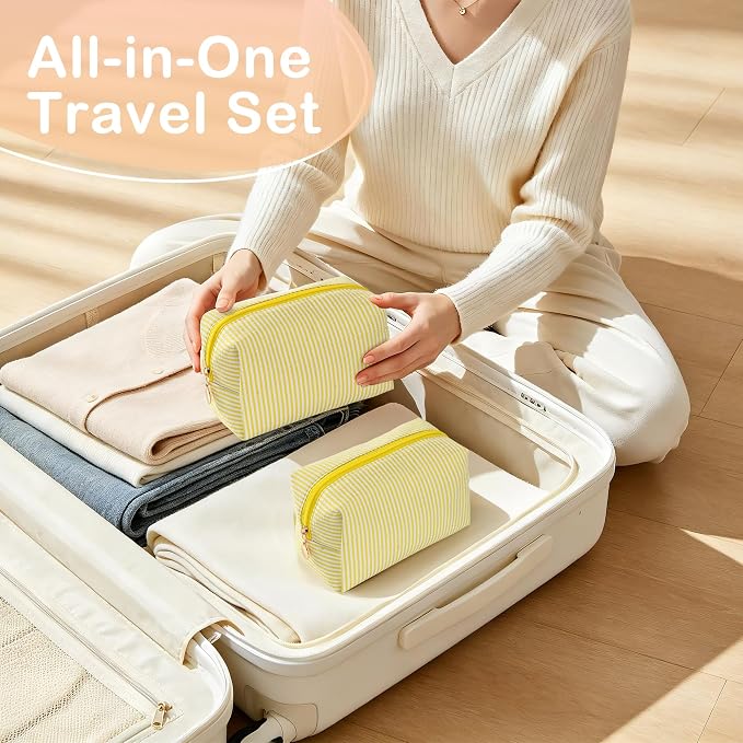 Makeup Bag Set for Women, 6PCS Travel Cosmetic Bags Pencil Case, Striped Seersucker Toiletry Organizer Pouches, Cute Makeup Pouch for Purse, Accessories and Gifts, Yellow