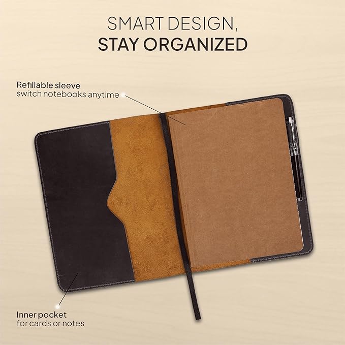 XL Leather Journal Cover 7.5 x 9.5 Inch – Refillable Genuine Leather Notebook Cover for Composition Notebook, Planner & Diary – Handmade Protective Travel Writing Case, Brown