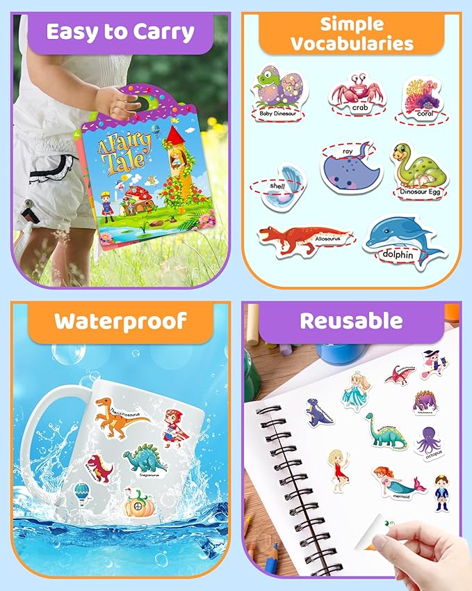 Benresive Reusable Sticker Book for Toddlers, Stickers for Kids, Travel Toys for Arts & Crafts Activities, Birthday Gift for Boys & Girls, Ocean, Fairy and Dinosaur Themes