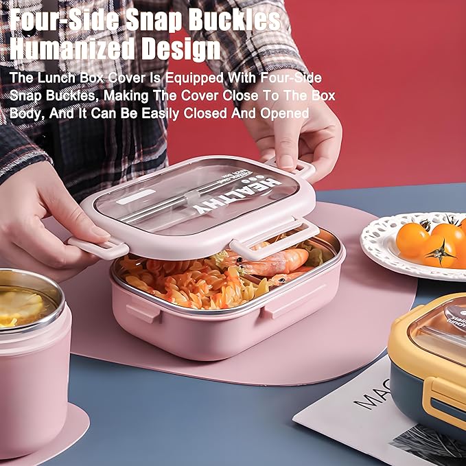 Stainless Steel Lunch Box, 2 Compartment Bento Box for Adults, Easy to Clean, Leak-Proof Design, Food Storage Container with Tableware for Family, Work, Picnics and Travel(800ml, Pink)