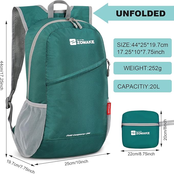 ZOMAKE Lightweight Packable Backpack 20L, Foldable Small Daypack for Hiking | Water Resistant Backpacks Day Bag for Travel Outdoor Camping Sport, Everyday Carry, Multi Compartment Storage(Army Green)