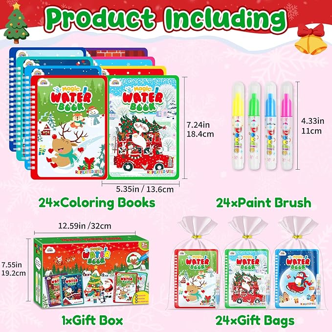 ZMLM 24 Pack Water Coloring Book for Toddlers - Mess Free Water Painting Book,Reusable Magic Paint with Water Doodle Books Party Favors for Kids Ages 3-5 Drawing Toys Gift for Girl Boy (Christmas)