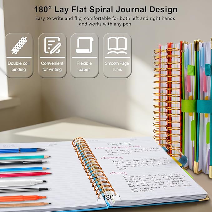 Hardcover Spiral Notebook College Ruled, 8.5"x11" Leather Journal Notebook with Magnetic Closure, 300 Pages 5 Subject Notebook with Dividers Tabs Journal for Women Men, Work, School(Light Blue)