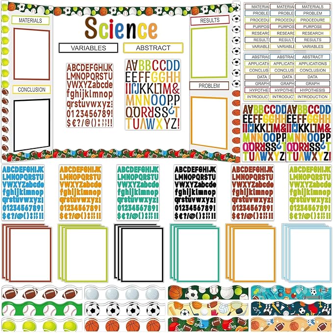 122 Pcs Science Fair Board Supplies 72 Sports Football Trim Scalloped Borders 36 Presentation Board Subtitle 6 Self Adhesive Project Title 8 Letter Sticker for Classroom Office Display Decor(Sports)