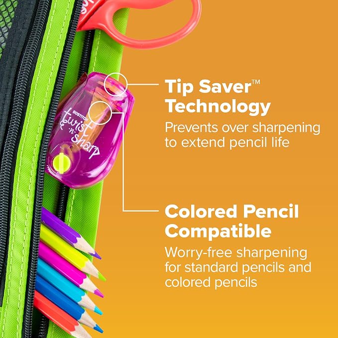 Bostitch Office Pencil Sharpener, Manual, One Assorted Color, Twist-n-Sharp, Kids, Boys, Girls, Colored Pencils, 1 Pack | 1 Assorted Color, Adjustable for fine point or blunt tip. Easy to use, twist instead of crank. Works on any standard pencil.