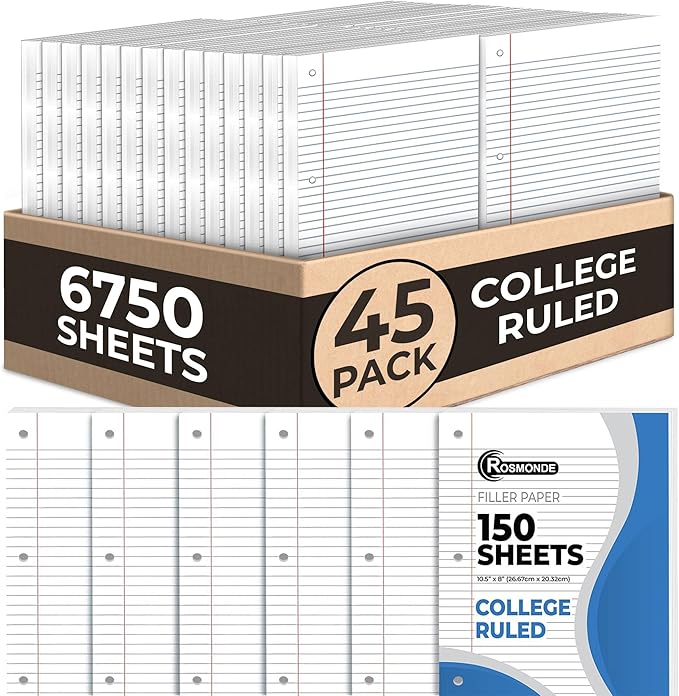 Rosmonde Loose Leaf Paper Bulk, 6750 Sheets, 45 Pack, College Ruled, Filler Notebook Paper, 8 x 10.5", 150 Sheets/Pack, 3 Hole Punched, Fits Standard Binders, Bulk Writing Paper for School & Office