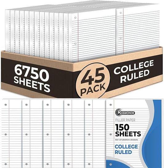 Rosmonde Loose Leaf Paper Bulk, 6750 Sheets, 45 Pack, College Ruled, Filler Notebook Paper, 8 x 10.5", 150 Sheets/Pack, 3 Hole Punched, Fits Standard Binders, Bulk Writing Paper for School & Office