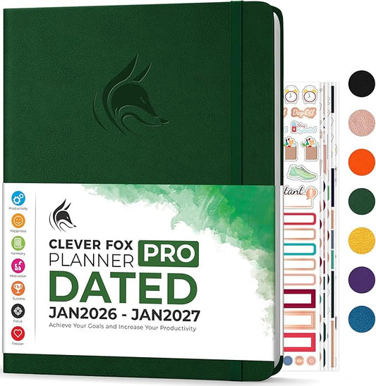 Clever Fox Planner PRO Dated (Jan 2026–Jan 2027) Weekly & Monthly Life Planner to Increase Productivity, Time Management and Hit Your Goals – Organizer, Gratitude Journal – A4 Size (Forest Green)