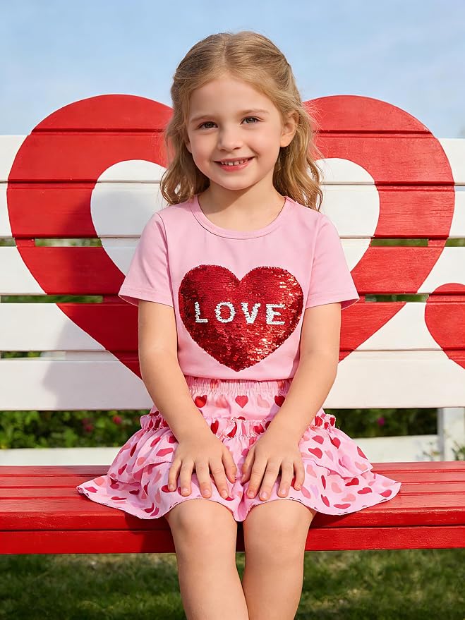 Little Girls Skirt Set - 2 Piece Short Sleeve Top Shirred Tiered Skirt Outfit Girls Spring Summer Clothes 3-8 Years
